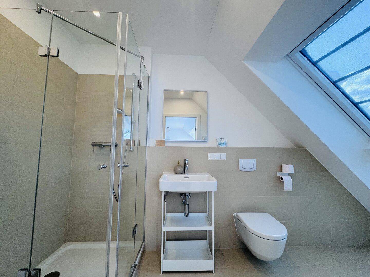 Helles Badezimmer mit Duschkabine, Toilette, Waschbecken und Dachfenster.