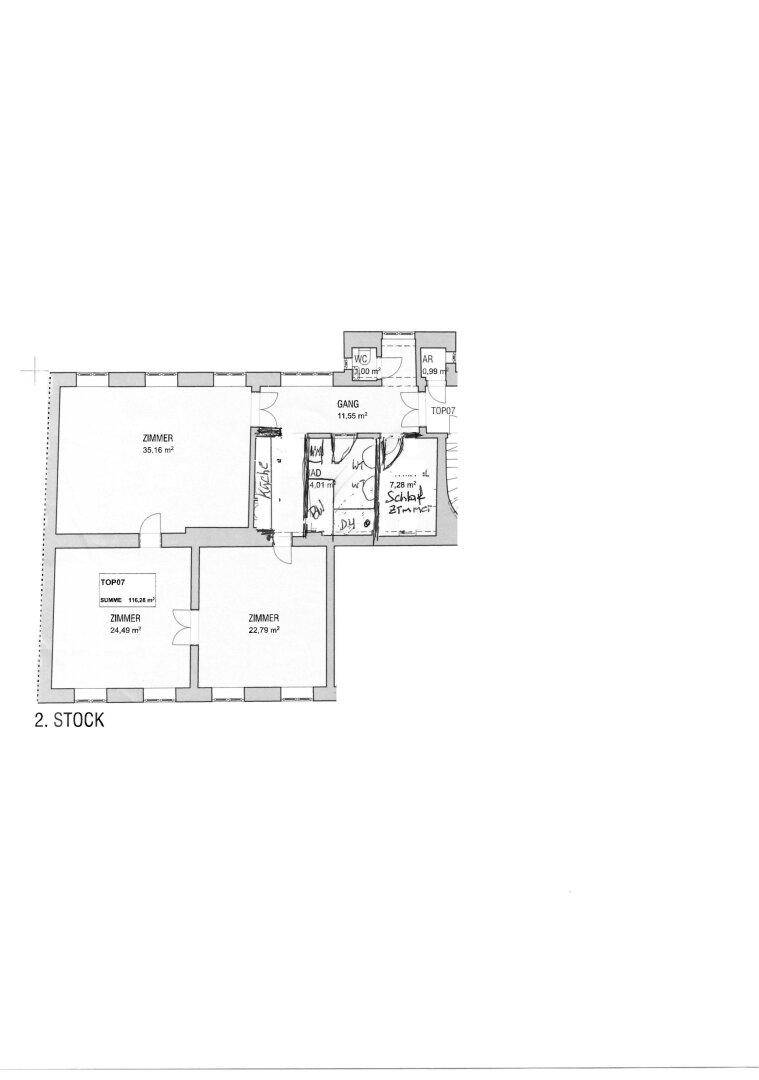 Grundriss der Wohnung im 2. Stock mit mehreren Zimmern, Küche, Bad und separatem WC.