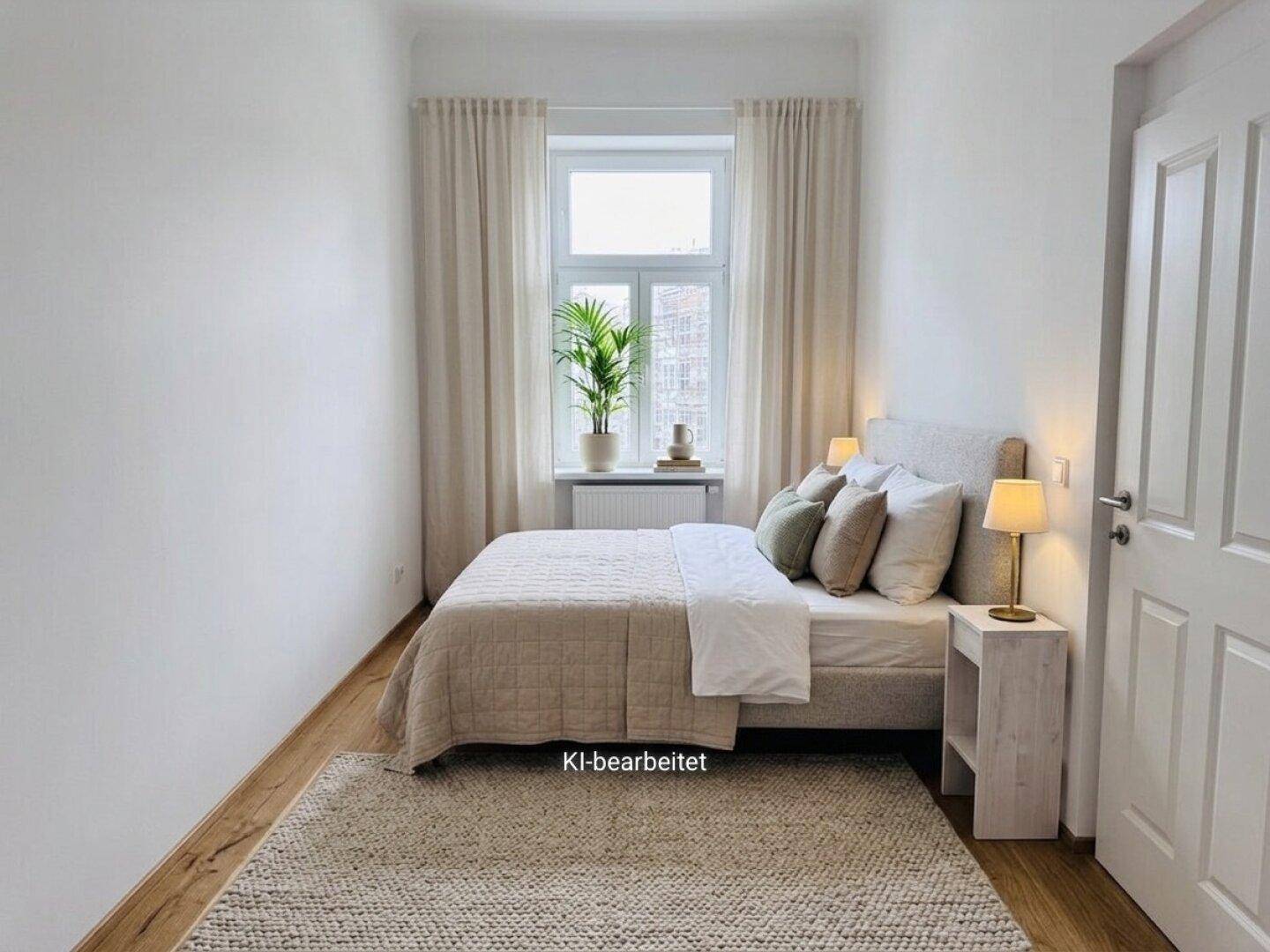 Gemütliches Schlafzimmer mit Doppelbett, Holzboden und einem großen Fenster für viel Tageslicht.