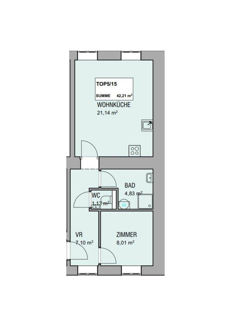 Grundriss einer kompakten Wohnung mit offener Wohnküche, separatem Zimmer und Bad.