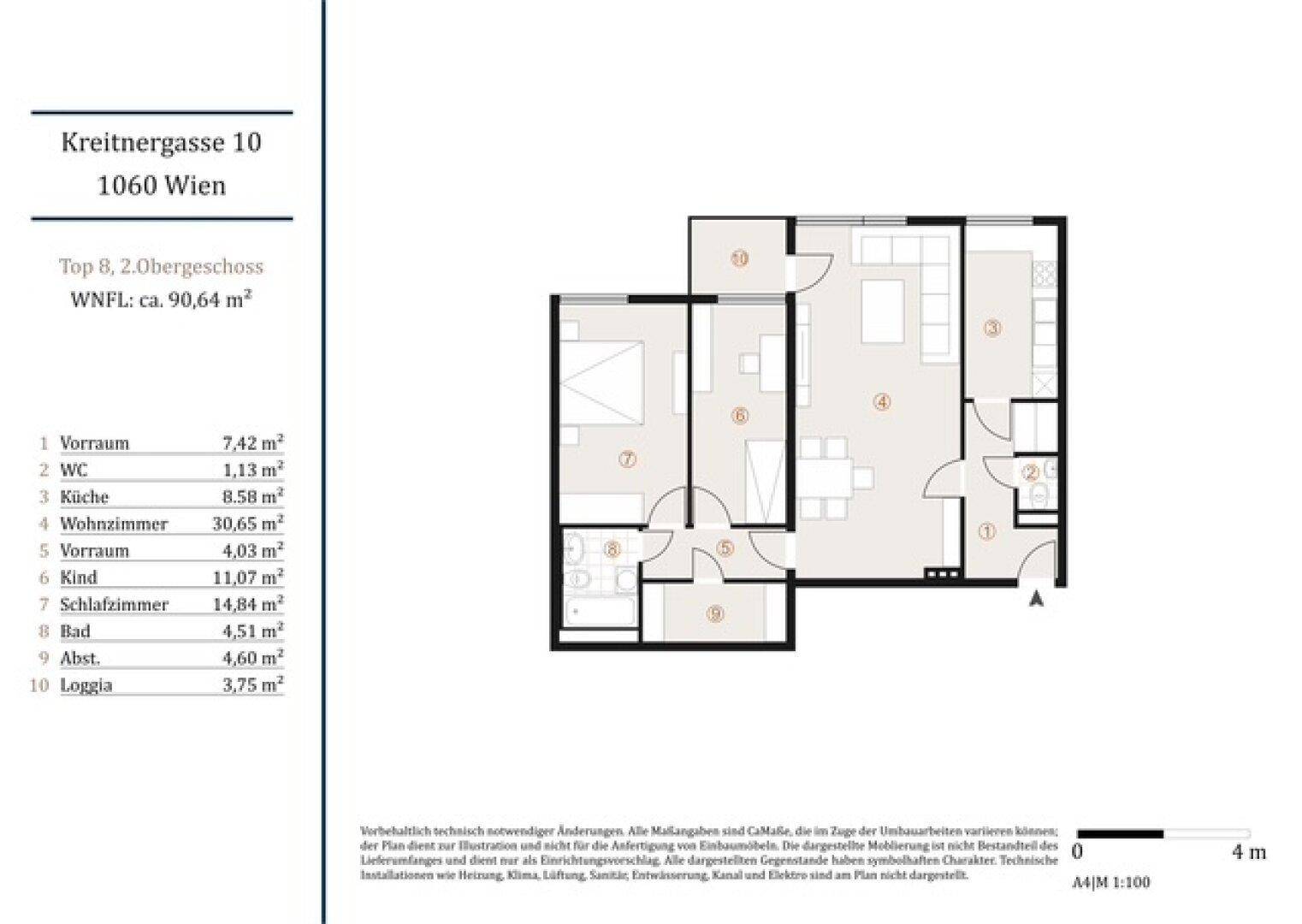 Detaillierter Grundriss der Wohnung mit Raumaufteilung und Flächenangaben in Quadratmetern.