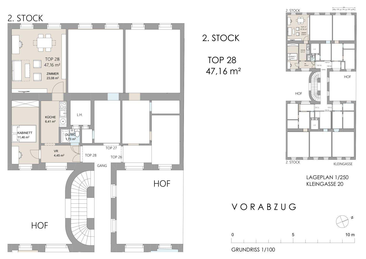Grundriss der Wohnung TOP 28 im 2. Stock mit Wohnbereich, Küche, Bad und weiteren Zimmern.
