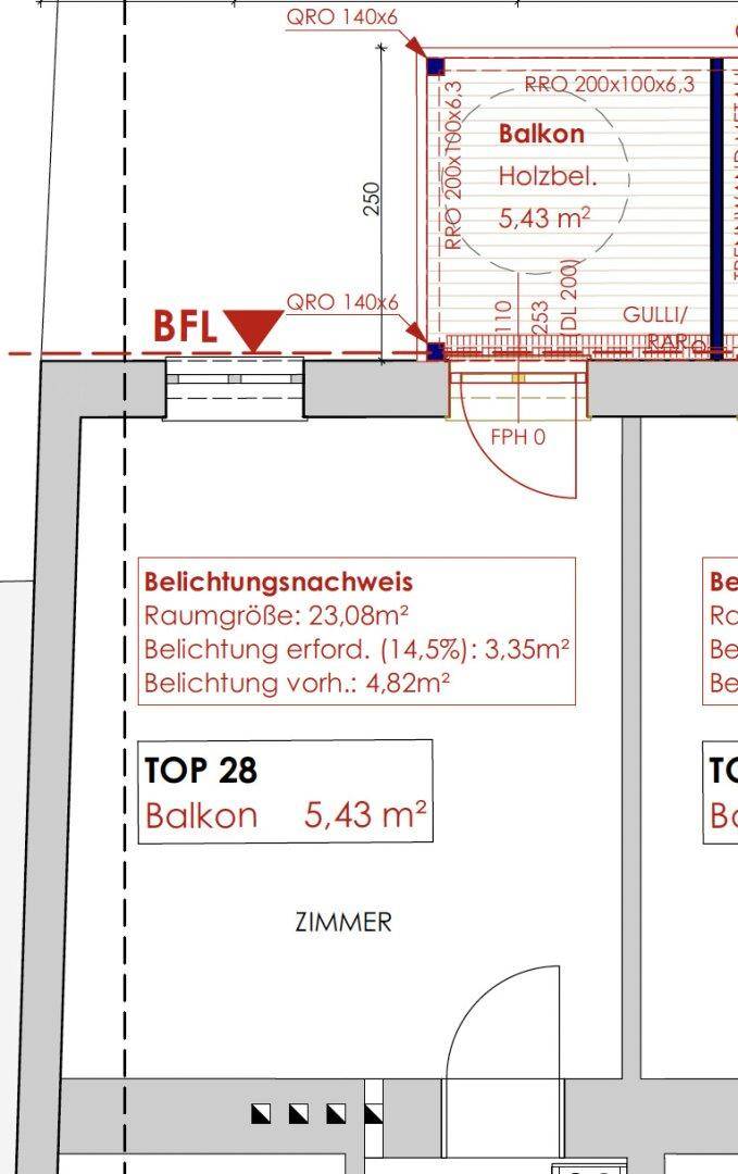 Grundrissausschnitt zeigt einen Balkon mit Holzbelag und Zugang zu einem Zimmer.