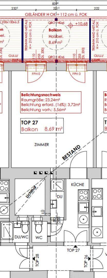 Grundrissplan einer Wohnung mit Balkon, separater Küche und zwei Badezimmerbereichen, inklusive Dusch-WC und Gäste-WC.