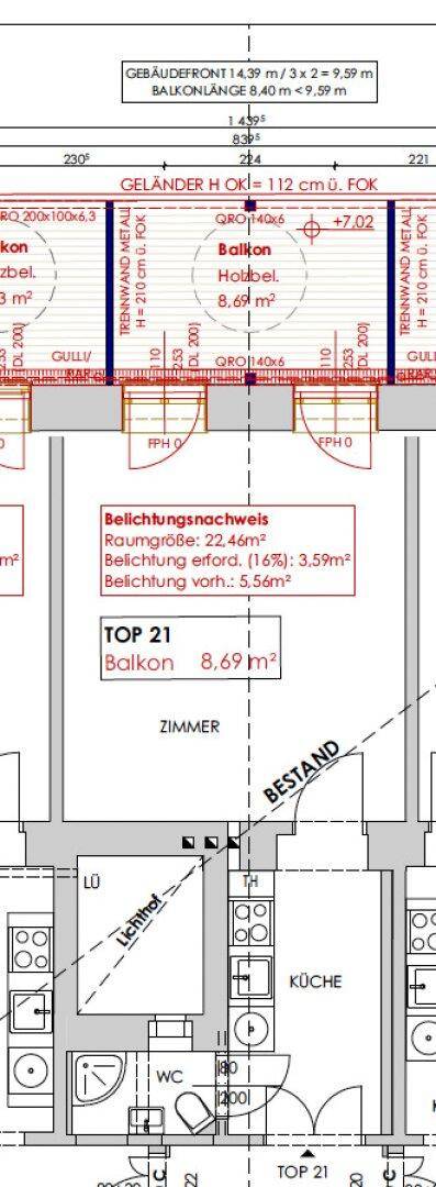 Grundrissplan einer Wohnung mit Küche, WC, Zimmer und Balkon, inklusive Belichtungsnachweis.