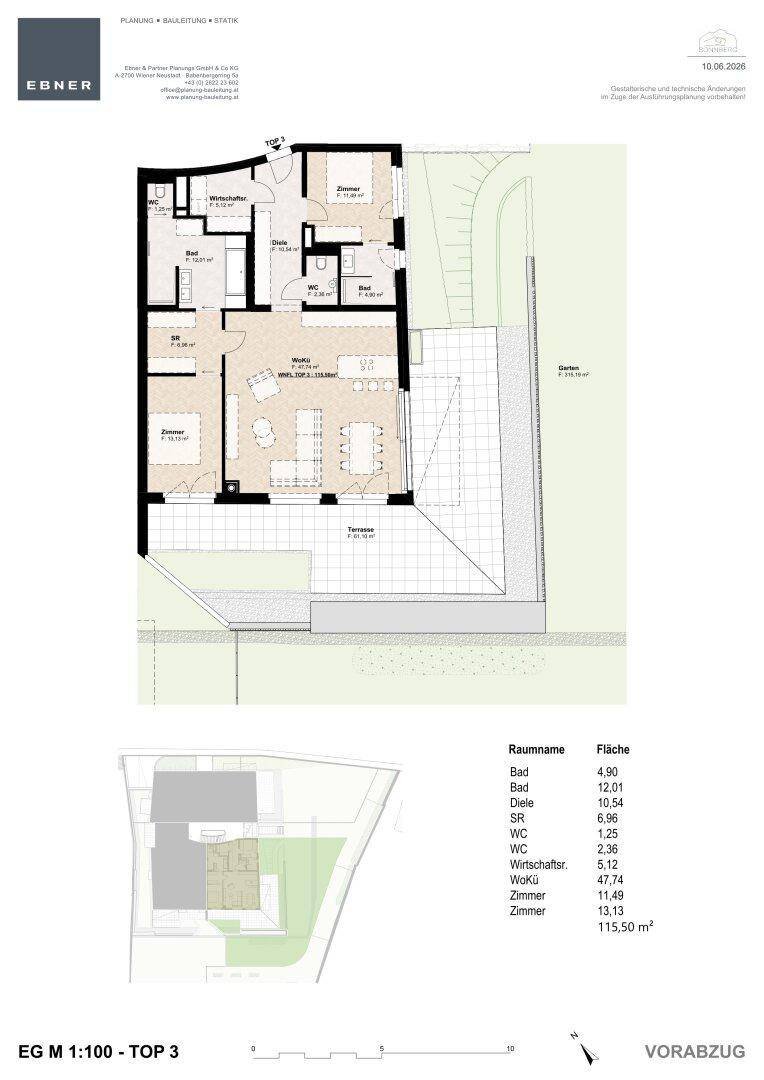 Grundriss des Erdgeschosses mit offenem Wohnbereich, zwei Schlafzimmern, Terrasse und Garten.