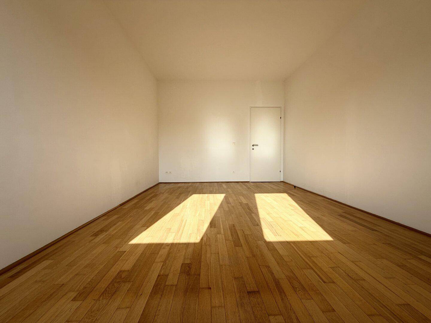 Leeres Zimmer mit Holzboden und einer weißen Tür, durchflutet von Sonnenlicht.