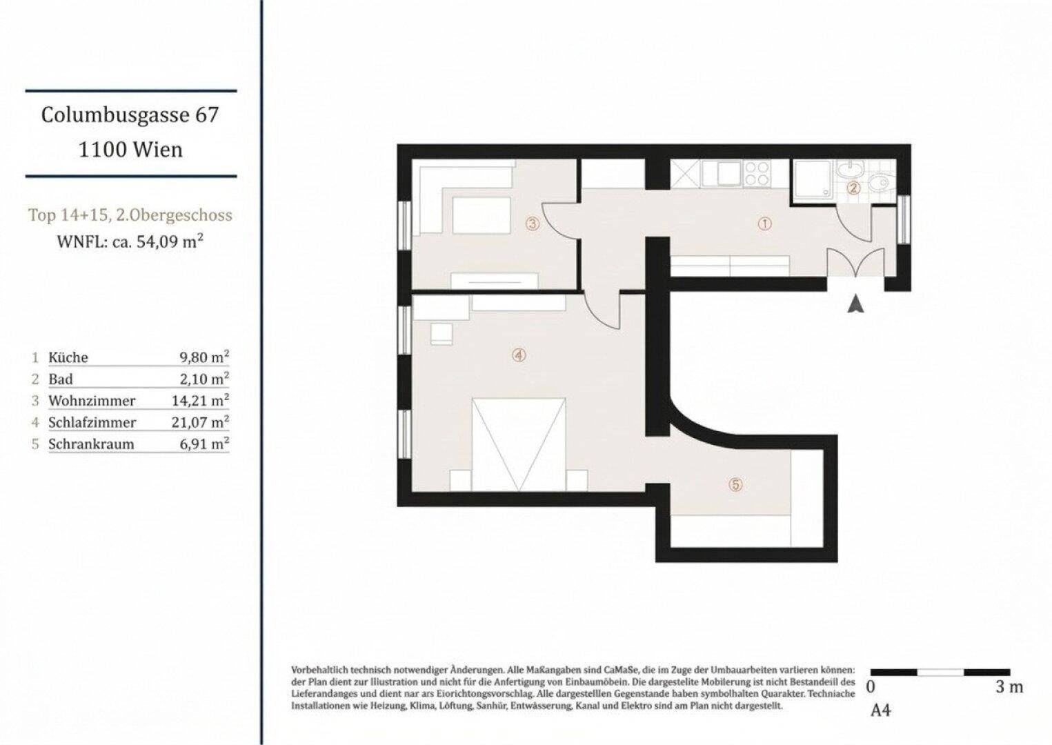 Grundriss der Wohnung mit Raumaufteilung und Flächenangaben auf 54,09 m².