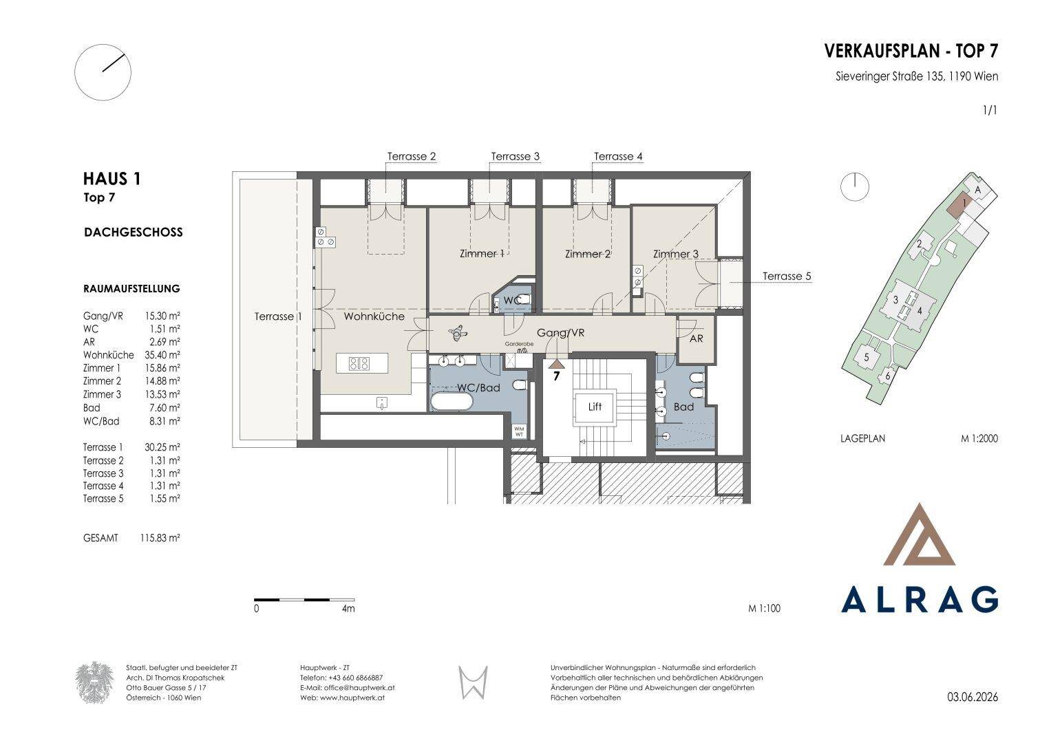 Detaillierter Grundriss von Haus 1, Top 7, mit mehreren Zimmern und Terrassen.