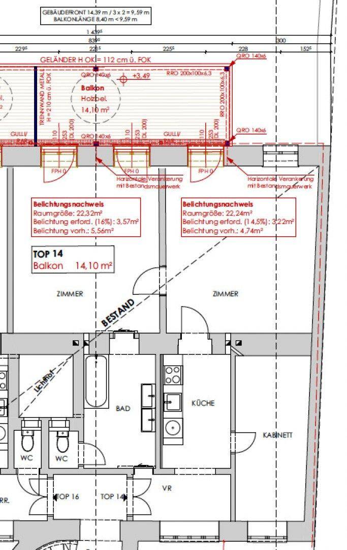 Grundriss einer Wohnung mit Balkon, separater Küche, Bad und mehreren Zimmern, inklusive zwei WCs.