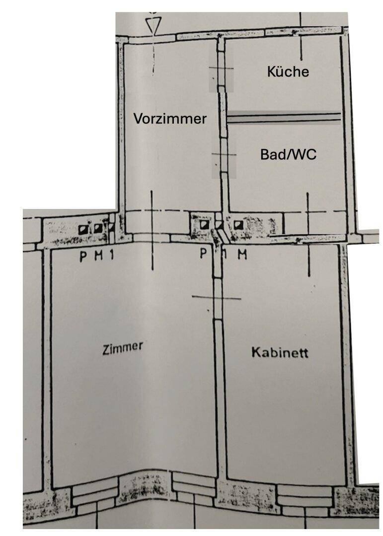 Grundrissplan zeigt die Aufteilung der Wohnung mit Vorzimmer, Küche, Bad/WC, Zimmer und Kabinett.