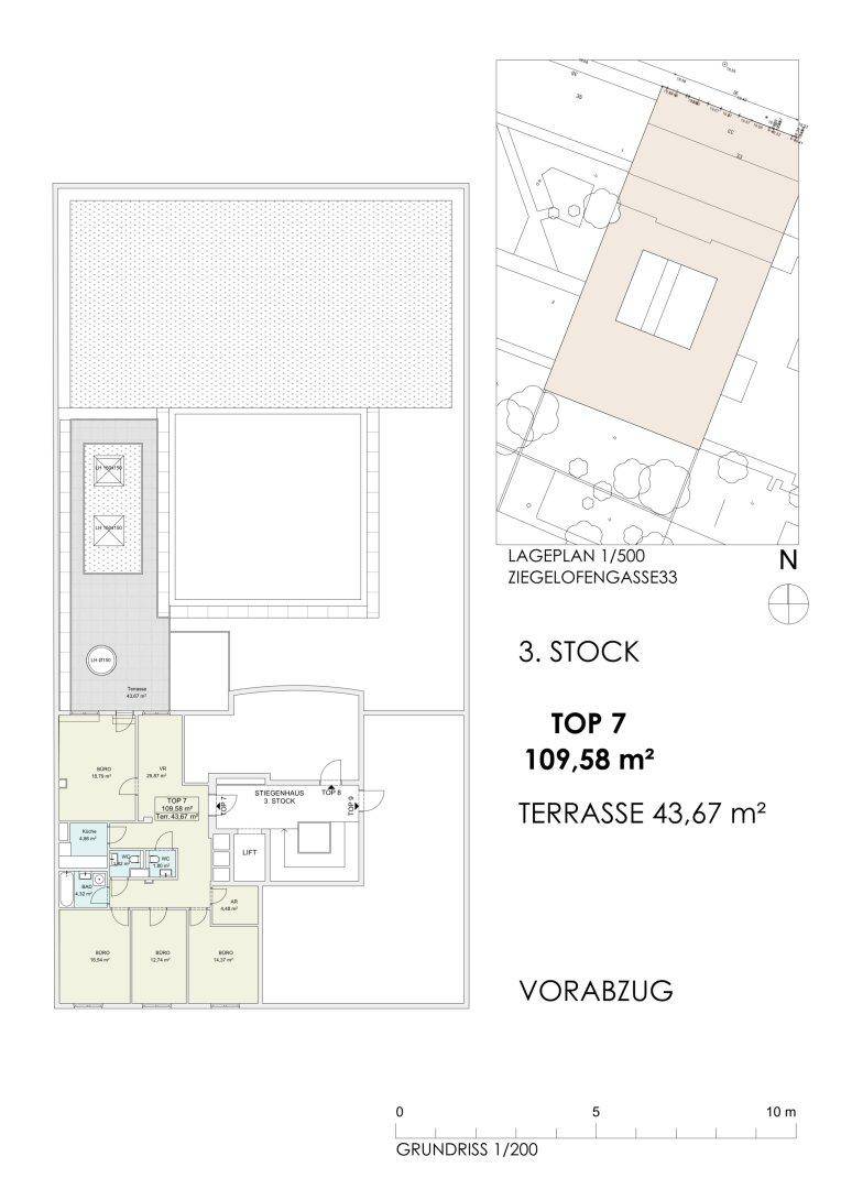 Grundriss der Wohnung Top 7 mit 109,58 m² Wohnfläche und einer 43,67 m² großen Terrasse.