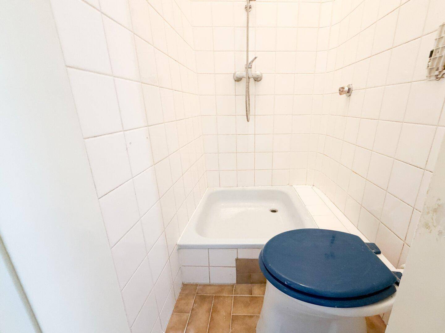 Kleines Badezimmer mit weißen Fliesen, einer Dusche und einer Toilette mit blauem Sitz.