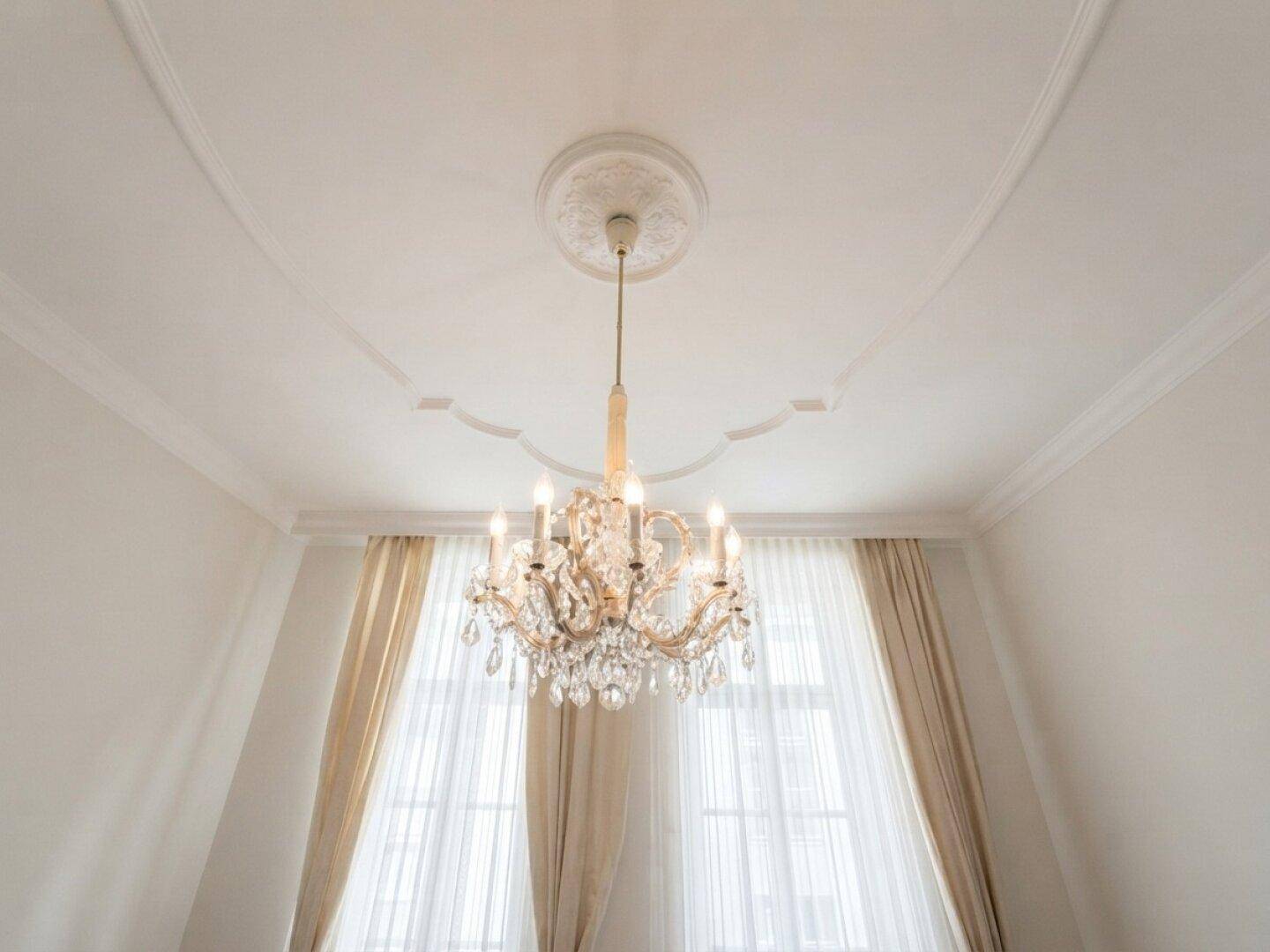 Detailaufnahme eines eleganten Kronleuchters und der verzierten Stuckdecke.