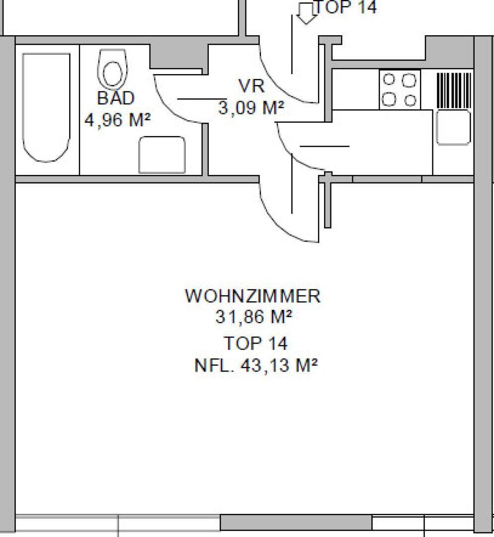 Grundriss der Wohnung Top 14 mit Wohnzimmer, Bad und Vorraum, Gesamtfläche 43,13 m².