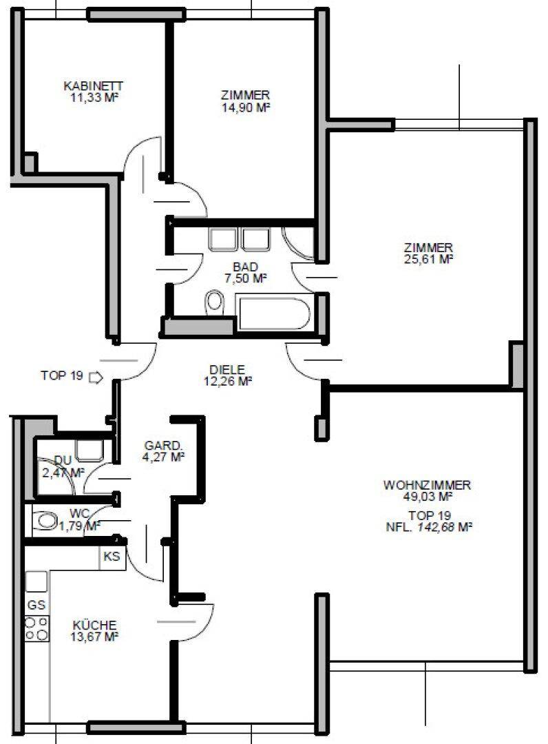 Detaillierter Grundriss einer Wohnung mit mehreren Zimmern und separater Küche.