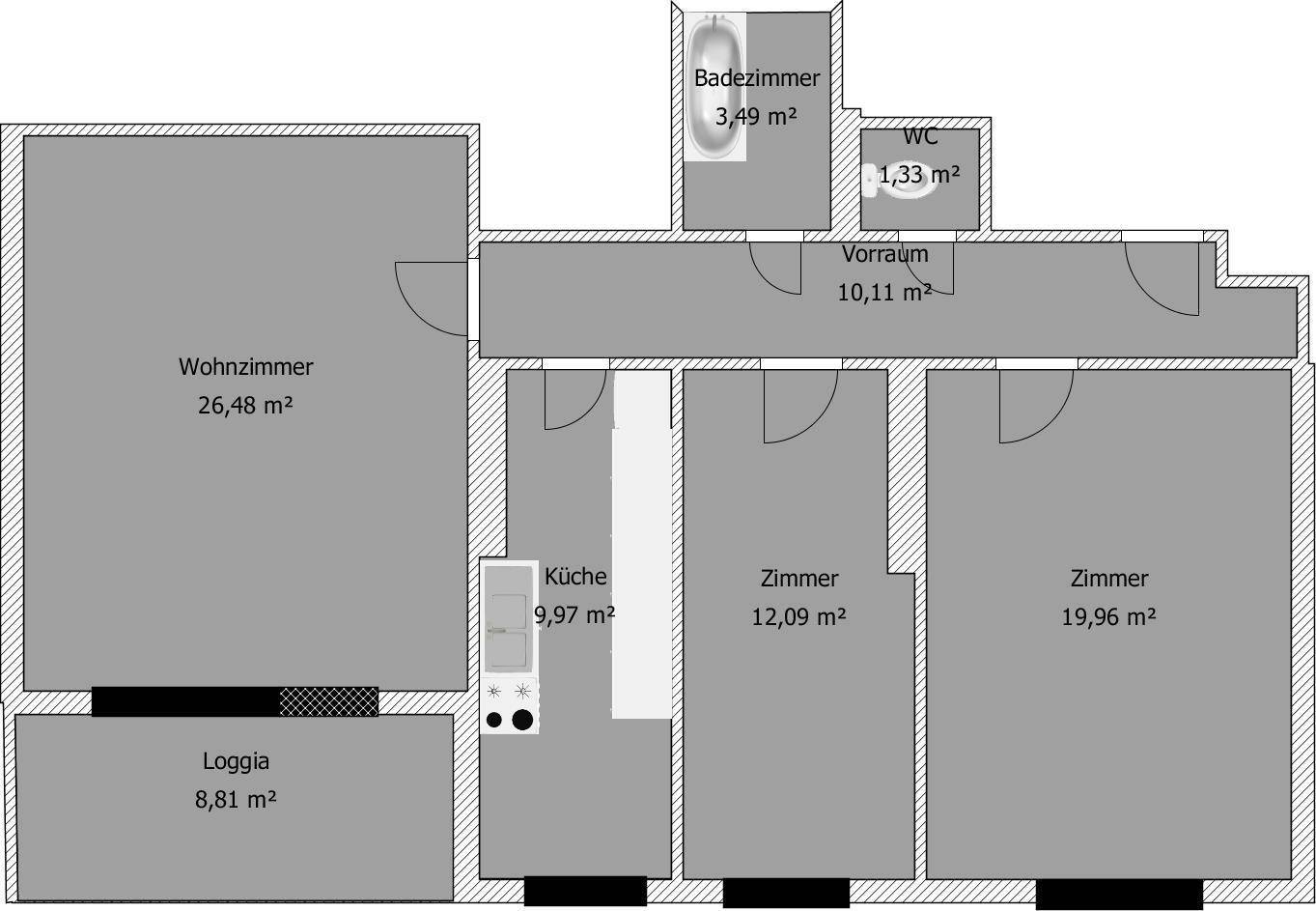 Detaillierter Grundriss der Wohnung mit Wohnzimmer, Küche, Zimmern, Bad und Loggia.