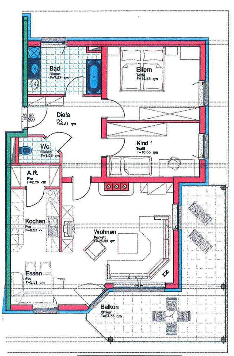 Grundriss einer Wohnung mit separater Küche, Ess- und Wohnbereich, zwei Schlafzimmern, Bad und Balkon.