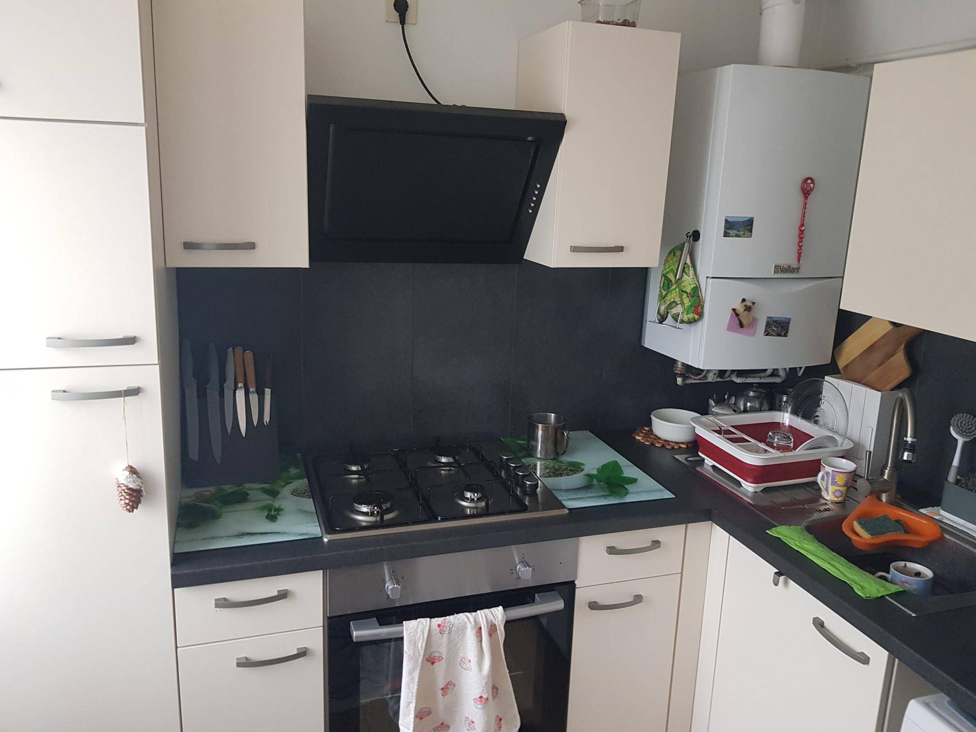 Funktionale Küche mit Gasherd, Backofen, Dunstabzugshaube und beigen Schränken.
