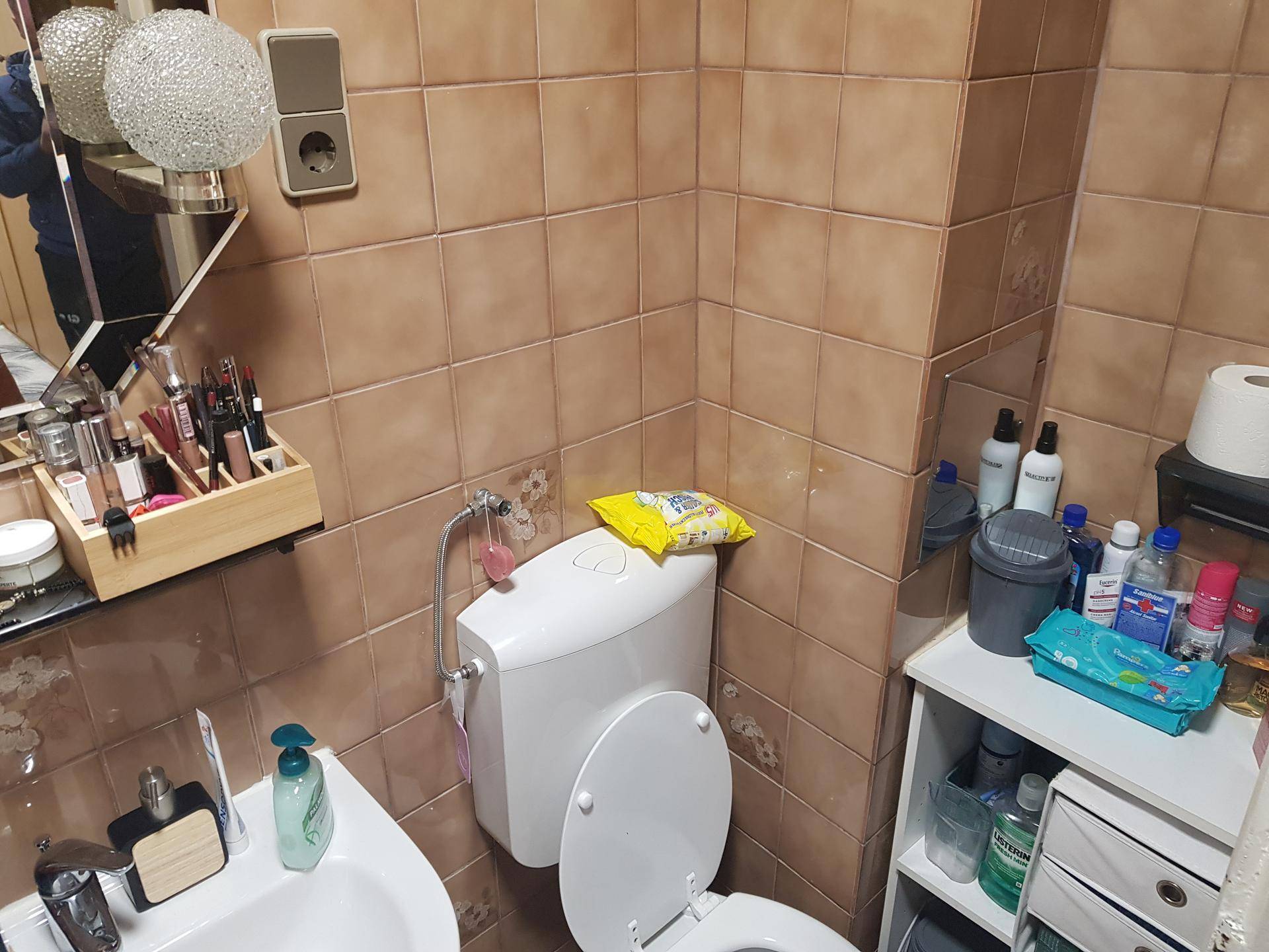 Badezimmer mit Toilette, Waschbecken und braunen Wandfliesen in einem älteren Stil.
