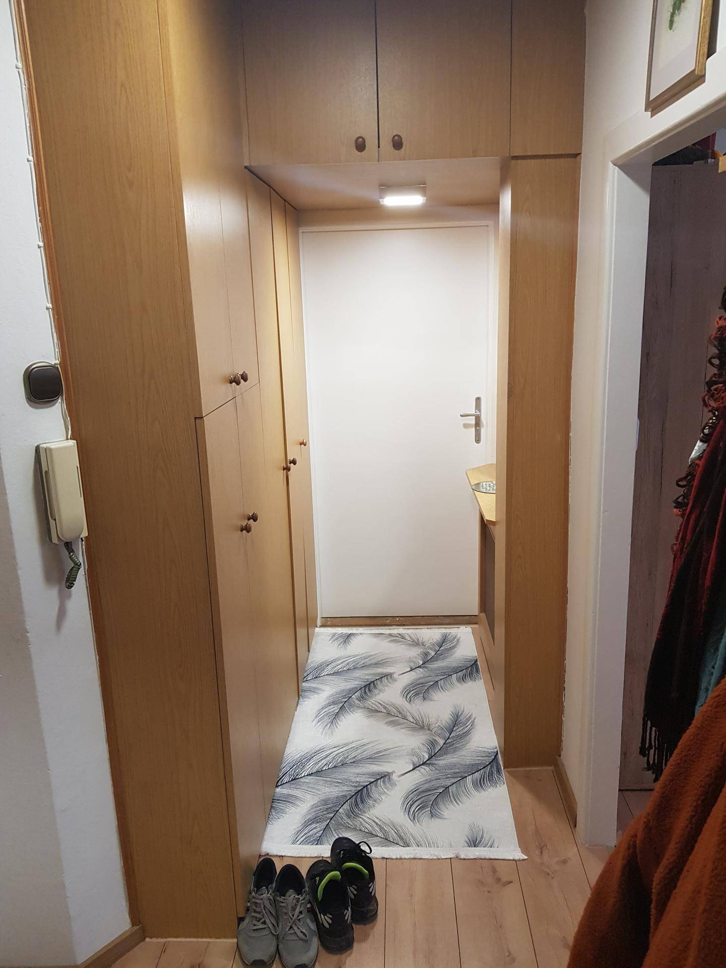 Flur mit eingebauten Holzschränken und einem Teppichläufer auf dem Holzboden.