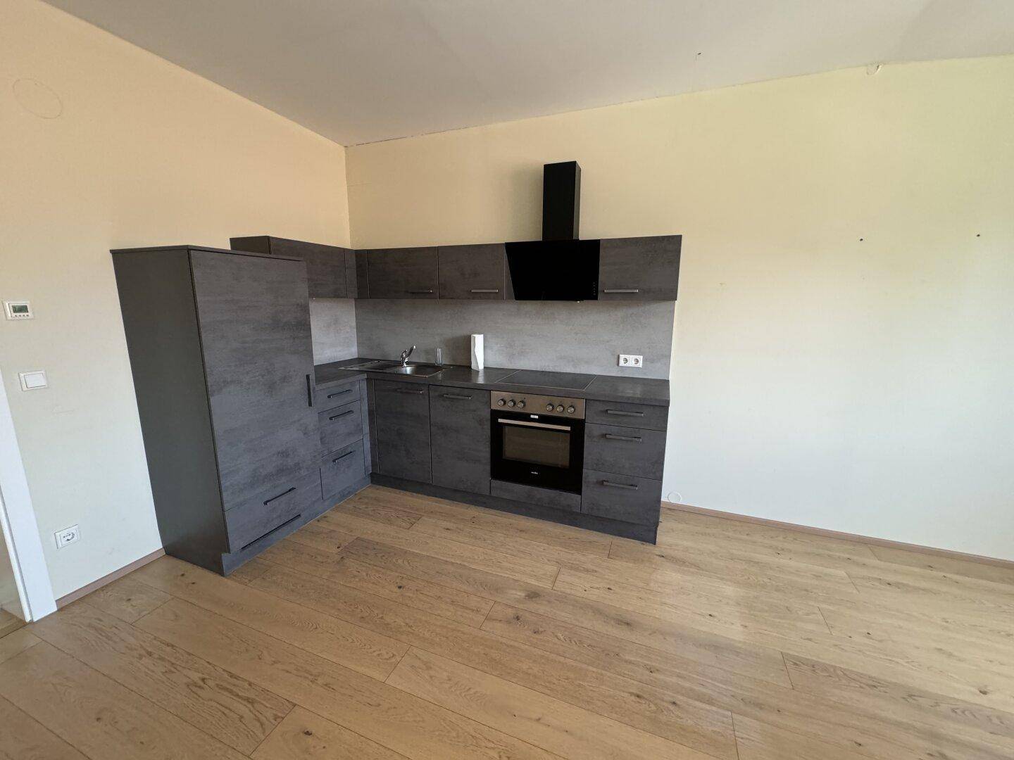 Moderne graue Einbauküche mit Kochfeld, Backofen und Kühlschrank auf hellem Holzboden.