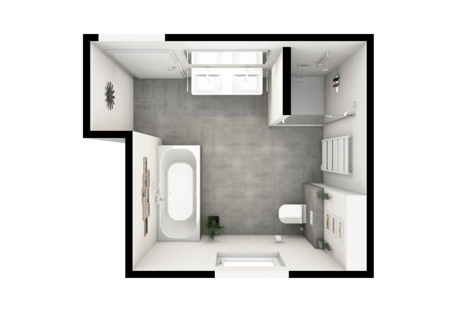 3D-Grundriss eines modernen Badezimmers mit Badewanne, Dusche und Doppelwaschbecken.