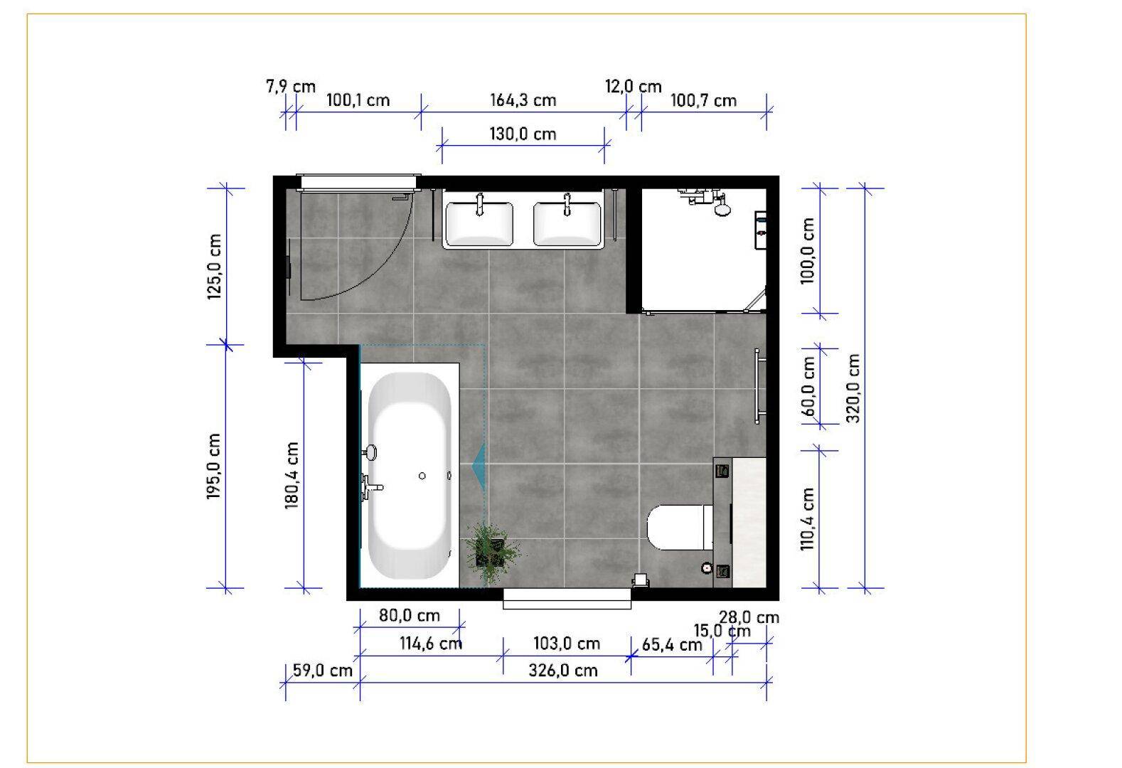 Grundriss eines Badezimmers mit detaillierten Maßen, ausgestattet mit Badewanne und Dusche.