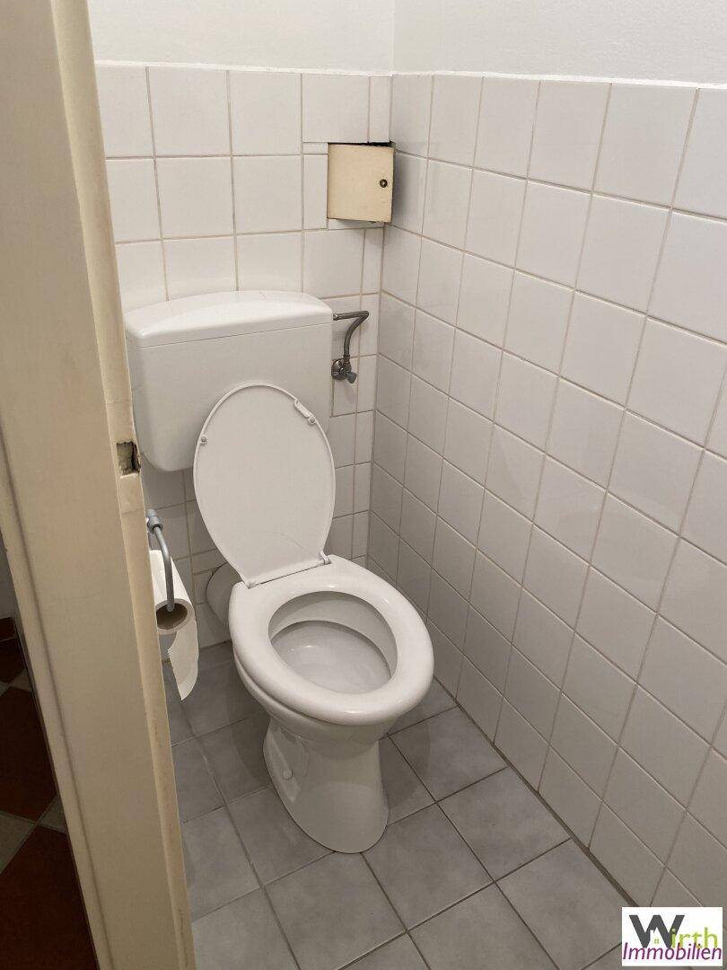 Einfache Toilette mit weißen Fliesen und Spülkasten in einem kleinen Raum.
