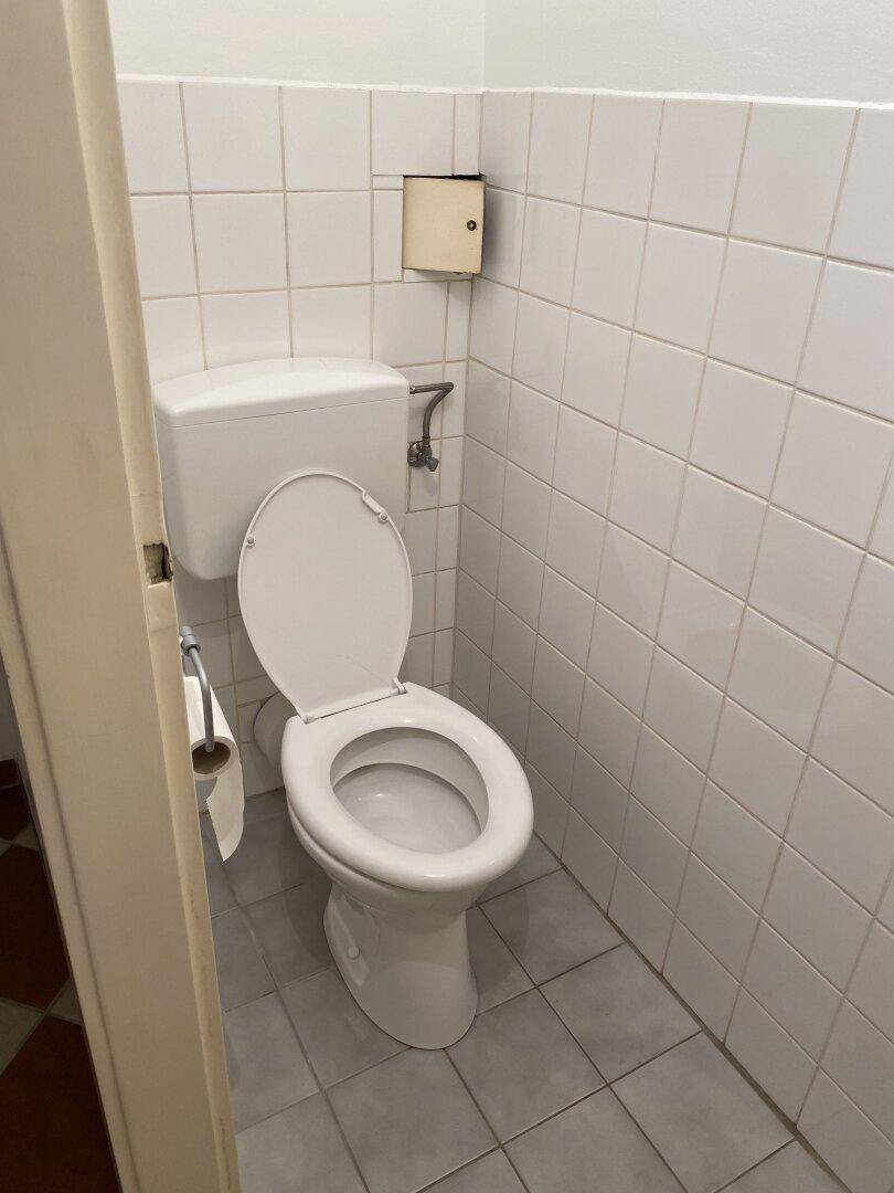 Kleines WC mit weißen Wandfliesen und grauem Fliesenboden, funktional und einfach.