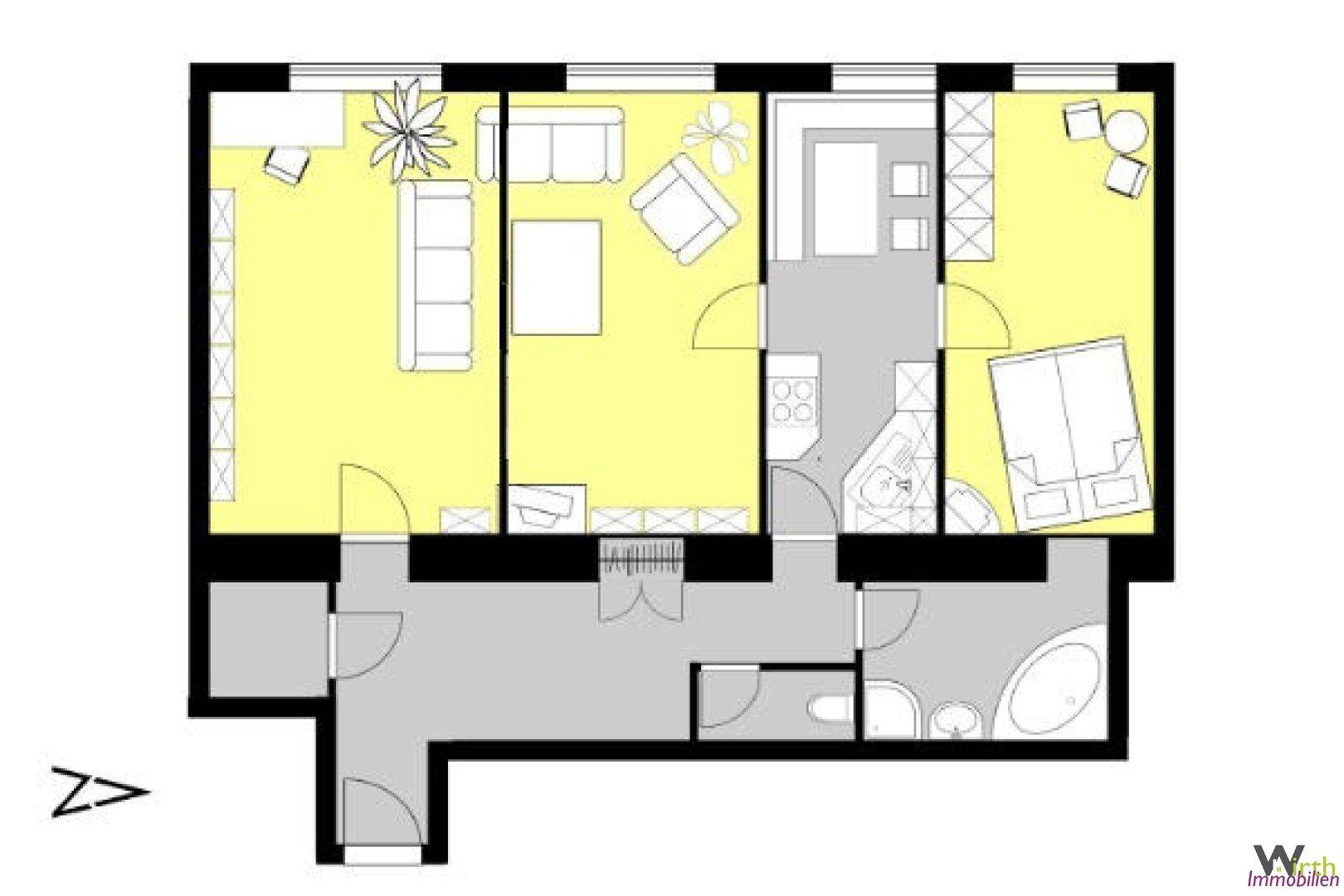 Grundriss einer Wohnung mit Wohnzimmer, Schlafzimmer und separater Küche.