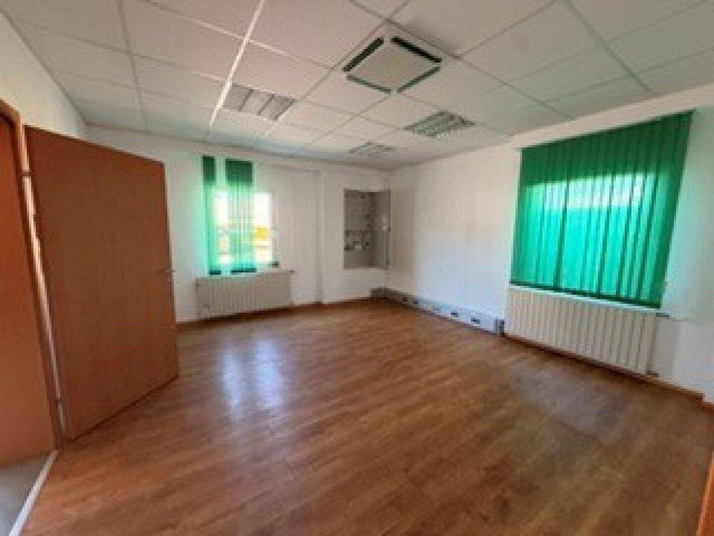 Helles Büro mit zwei Fenstern, Heizkörpern und einer Holztür, bereit zur individuellen Gestaltung.