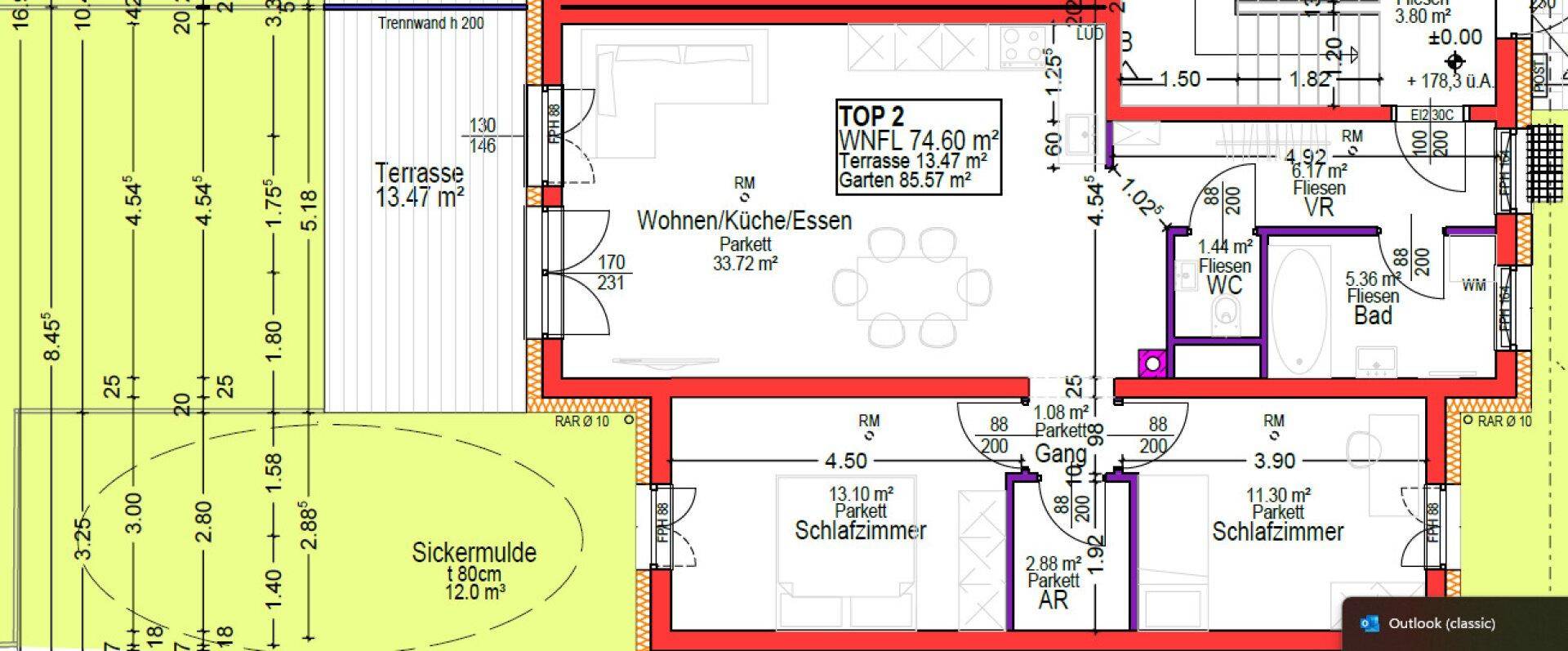Detaillierter Grundriss der Wohnung TOP 2 mit Wohn-/Essbereich, Schlafzimmern und Terrasse.