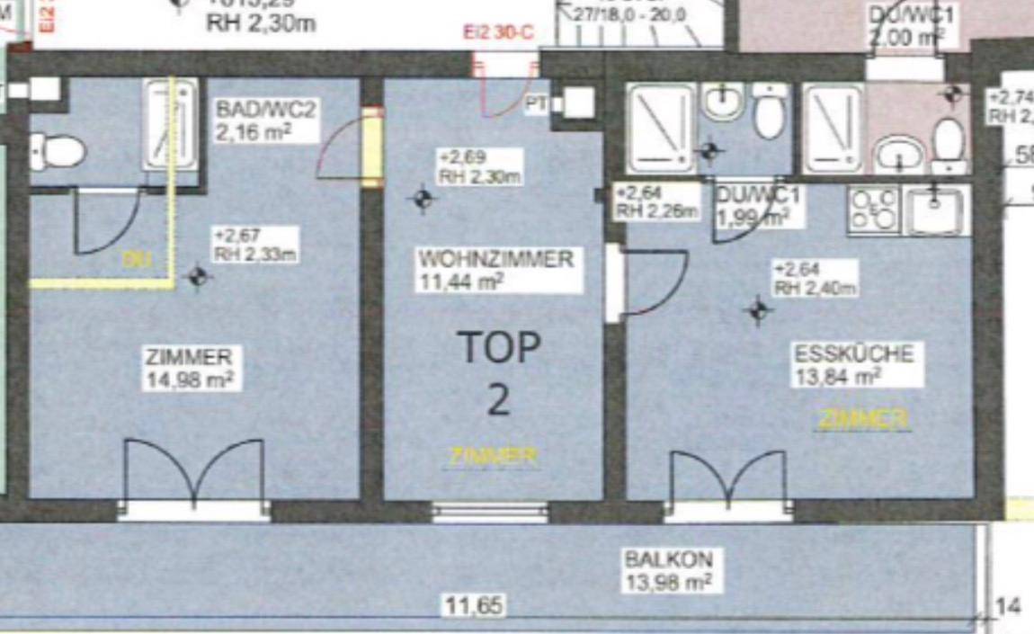 Grundriss zeigt eine Wohnung mit Zimmer, Wohnzimmer, Essküche, Bad und Balkon.