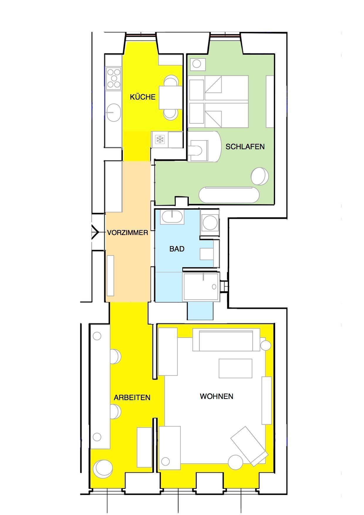 Grundriss einer Wohnung mit Küche, Schlafzimmer, Bad, Vorzimmer, Arbeits- und Wohnbereich.