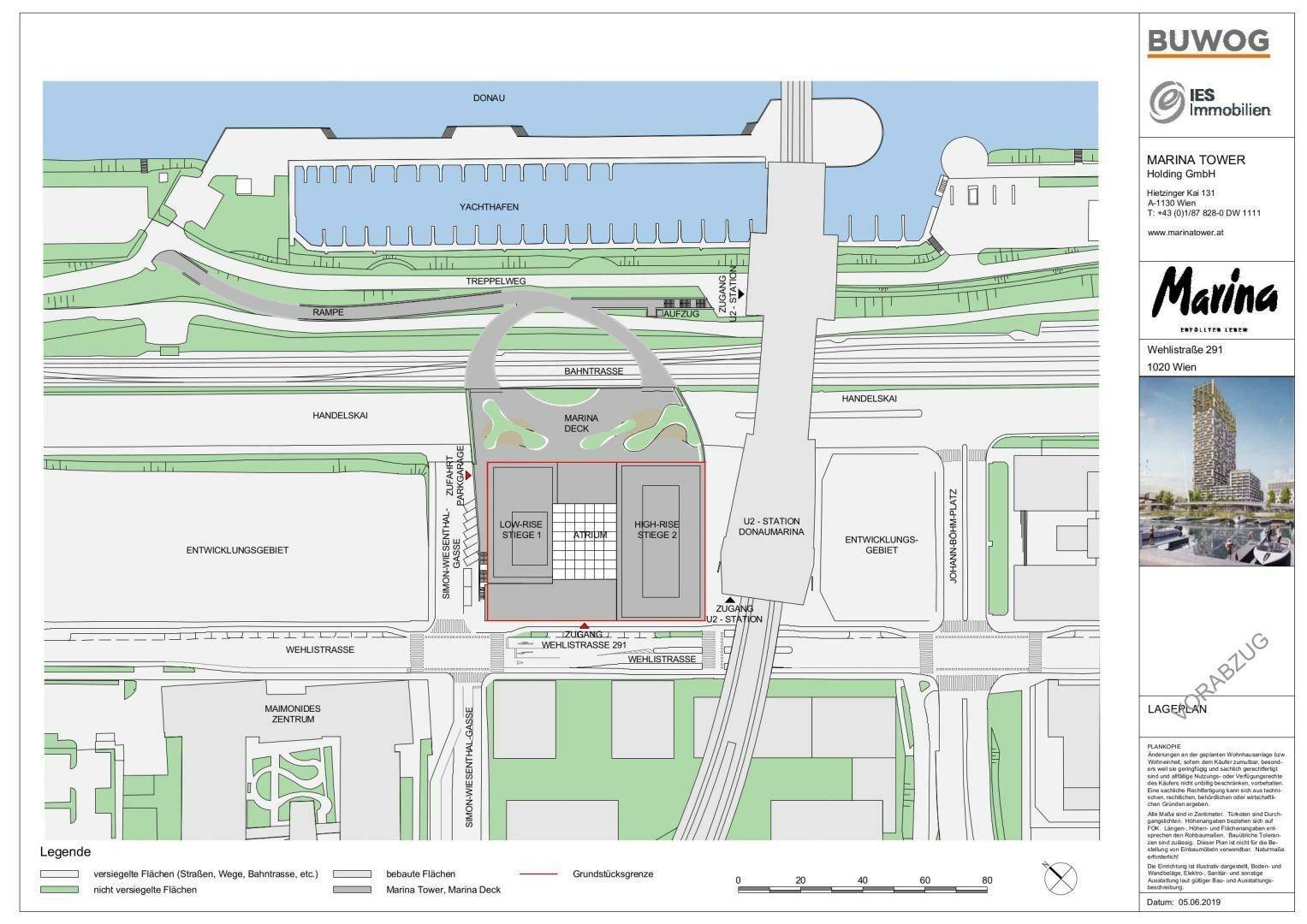 Lageplan des Marina Towers mit umliegender Infrastruktur, Donau und Yachthafen, inklusive der Gebäudestrukturen.