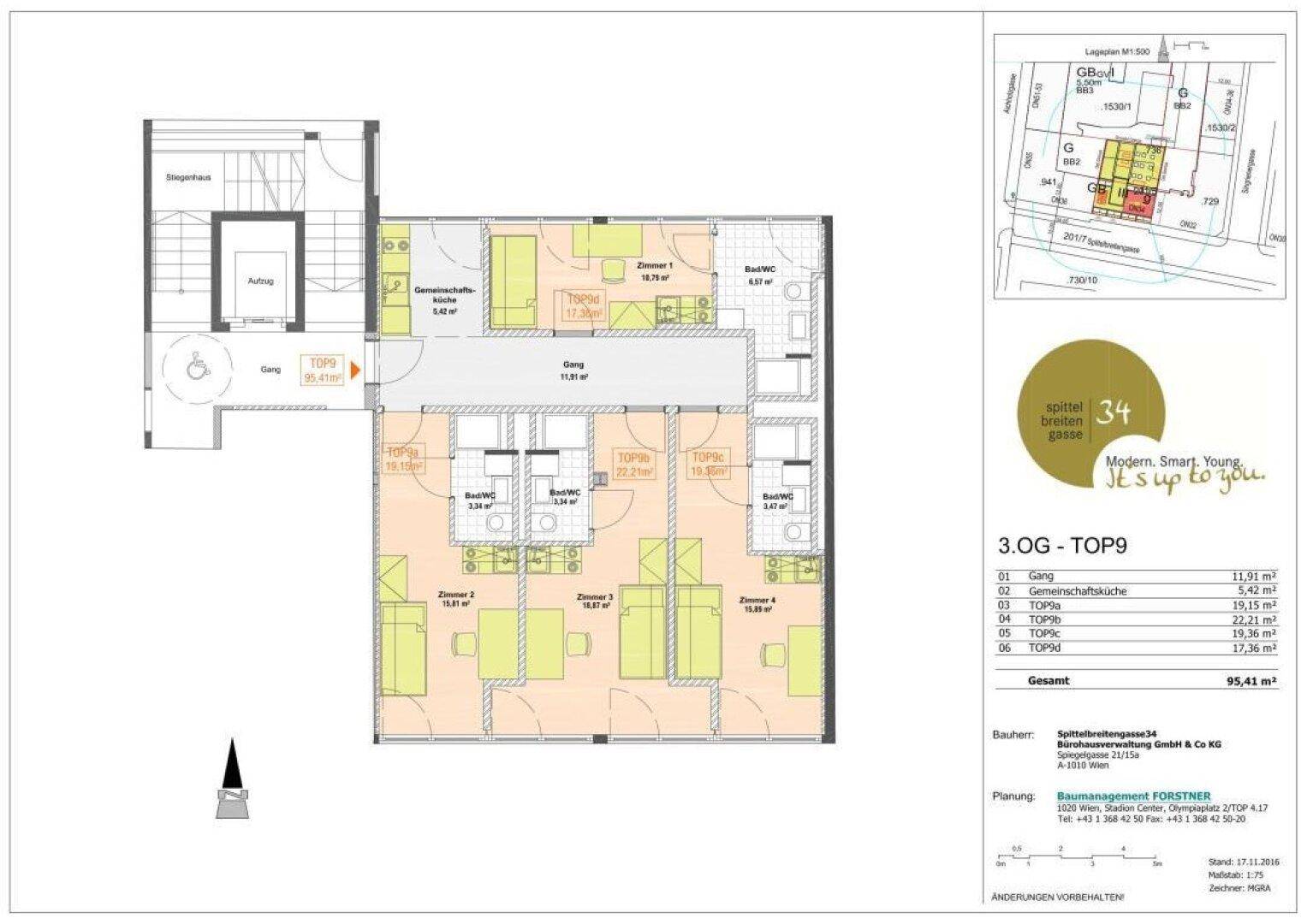 Grundriss einer Wohnung im 3. Obergeschoss mit mehreren Zimmern und Balkon.