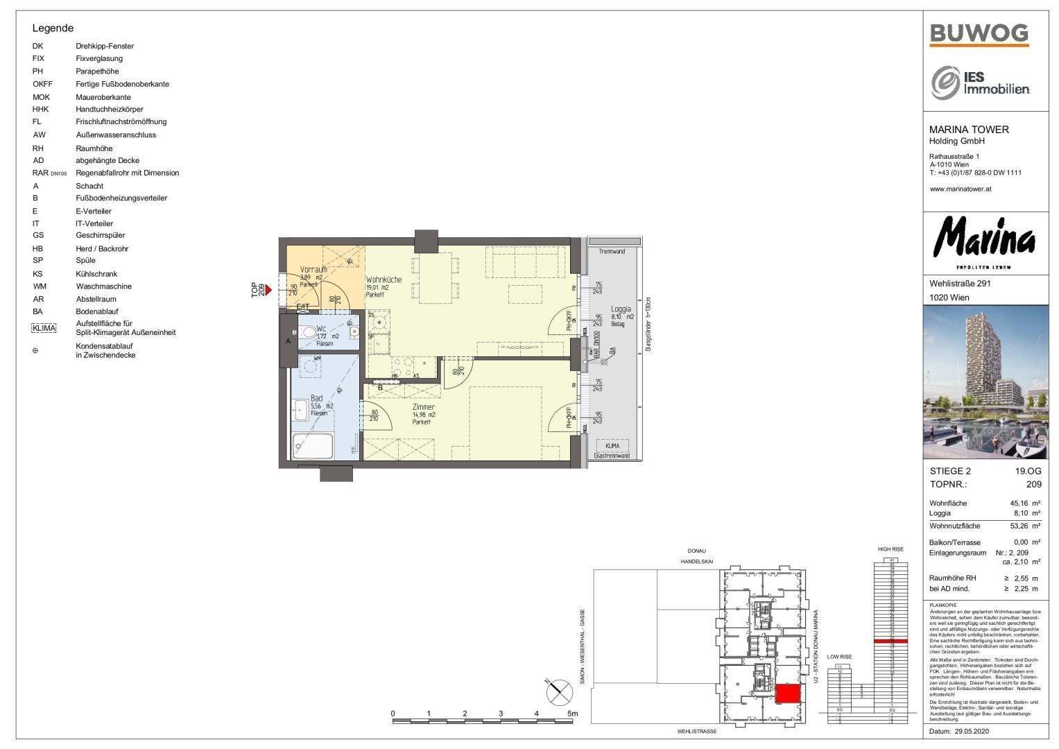 Grundriss einer Wohnung mit zwei Zimmern, Balkon und separatem WC.