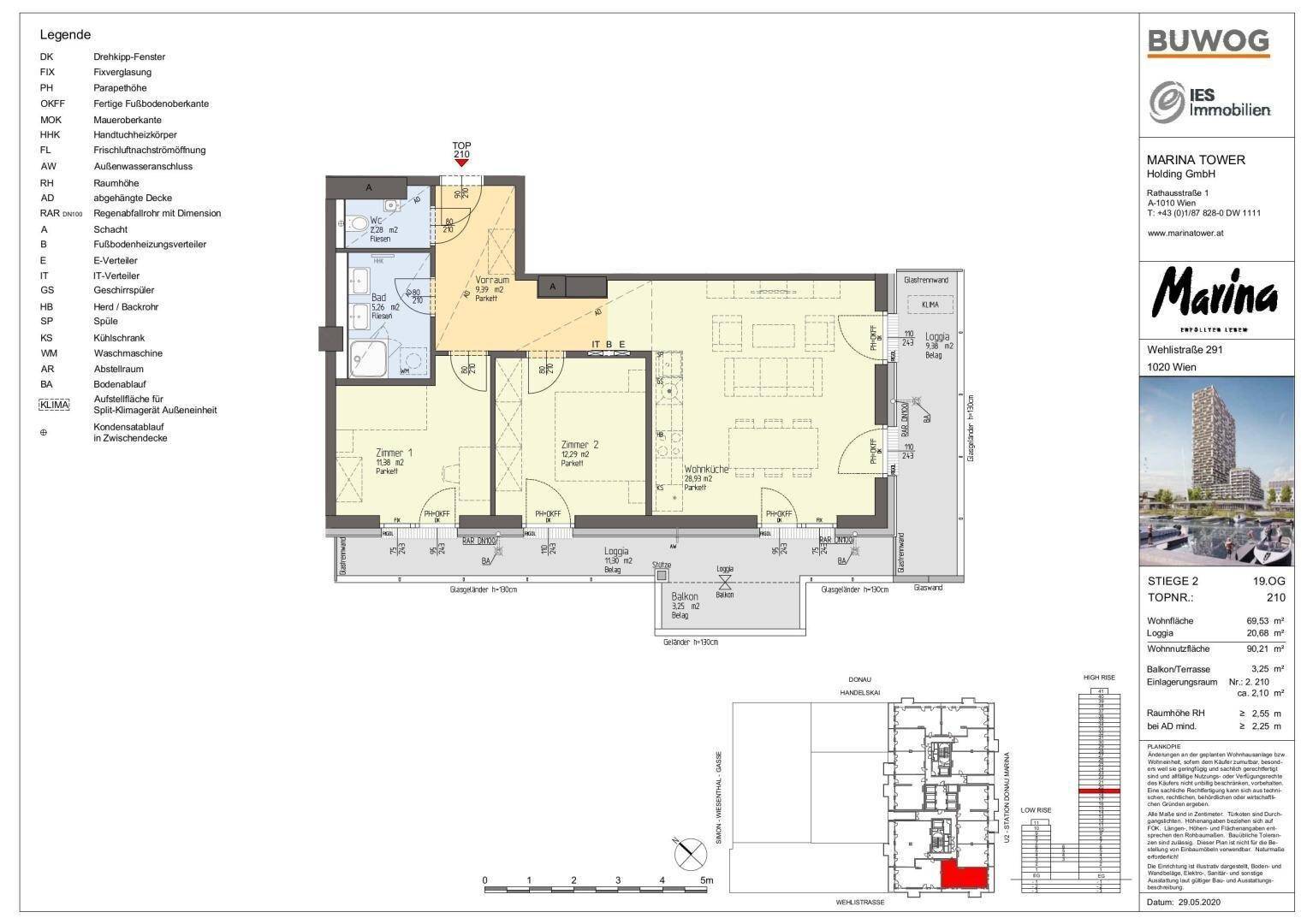 Detaillierter Grundriss einer Wohnung mit zwei Schlafzimmern, Loggia und Balkon.