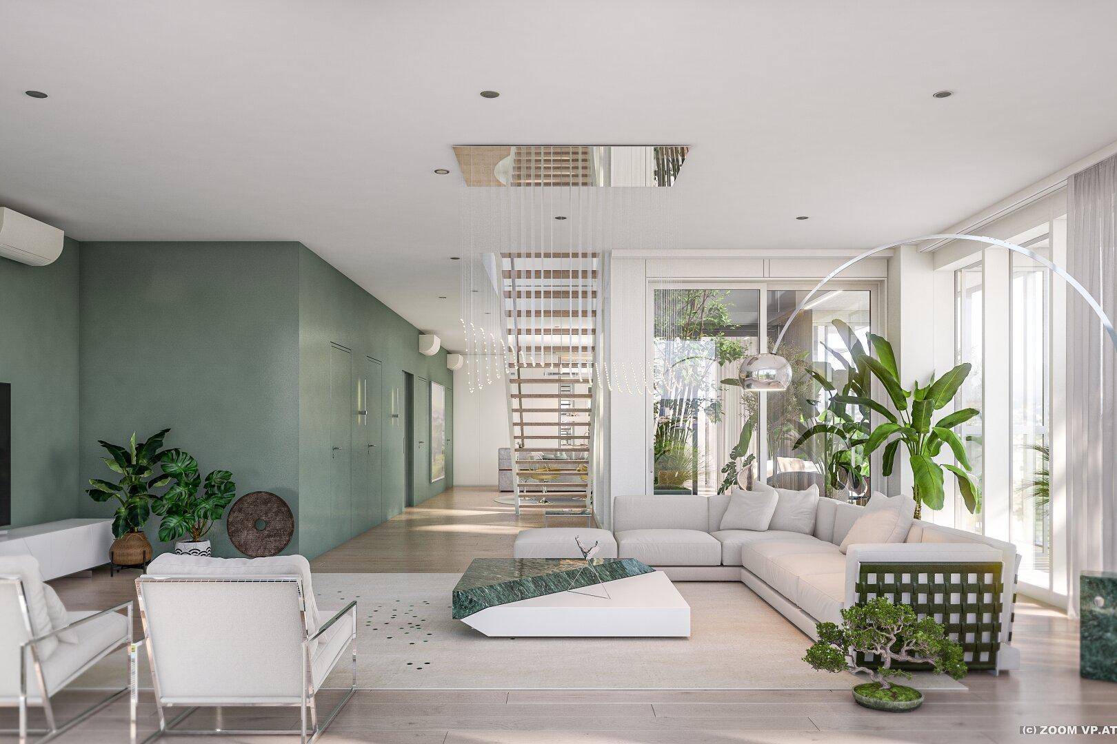 Helles, modernes Wohnzimmer mit hohen Decken, großen Fenstern, stilvollen Möbeln und einer eleganten Treppe.