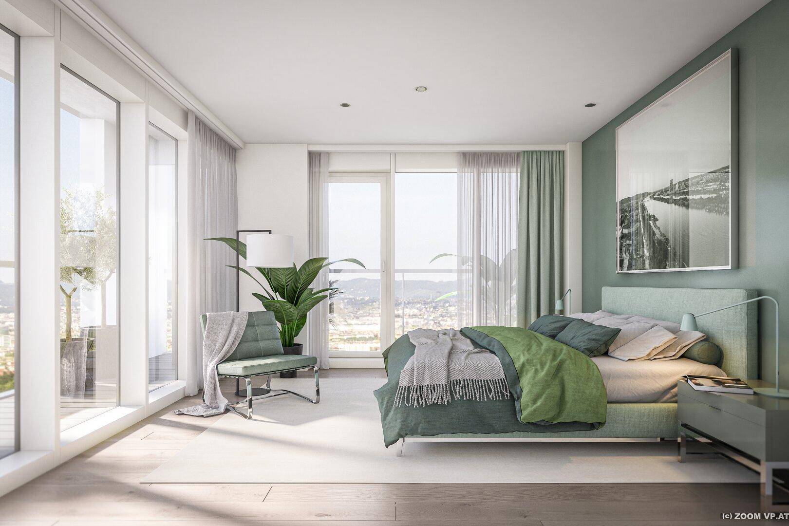 Helles Schlafzimmer mit großen Fenstern, modernem Design und Zugang zum Balkon.