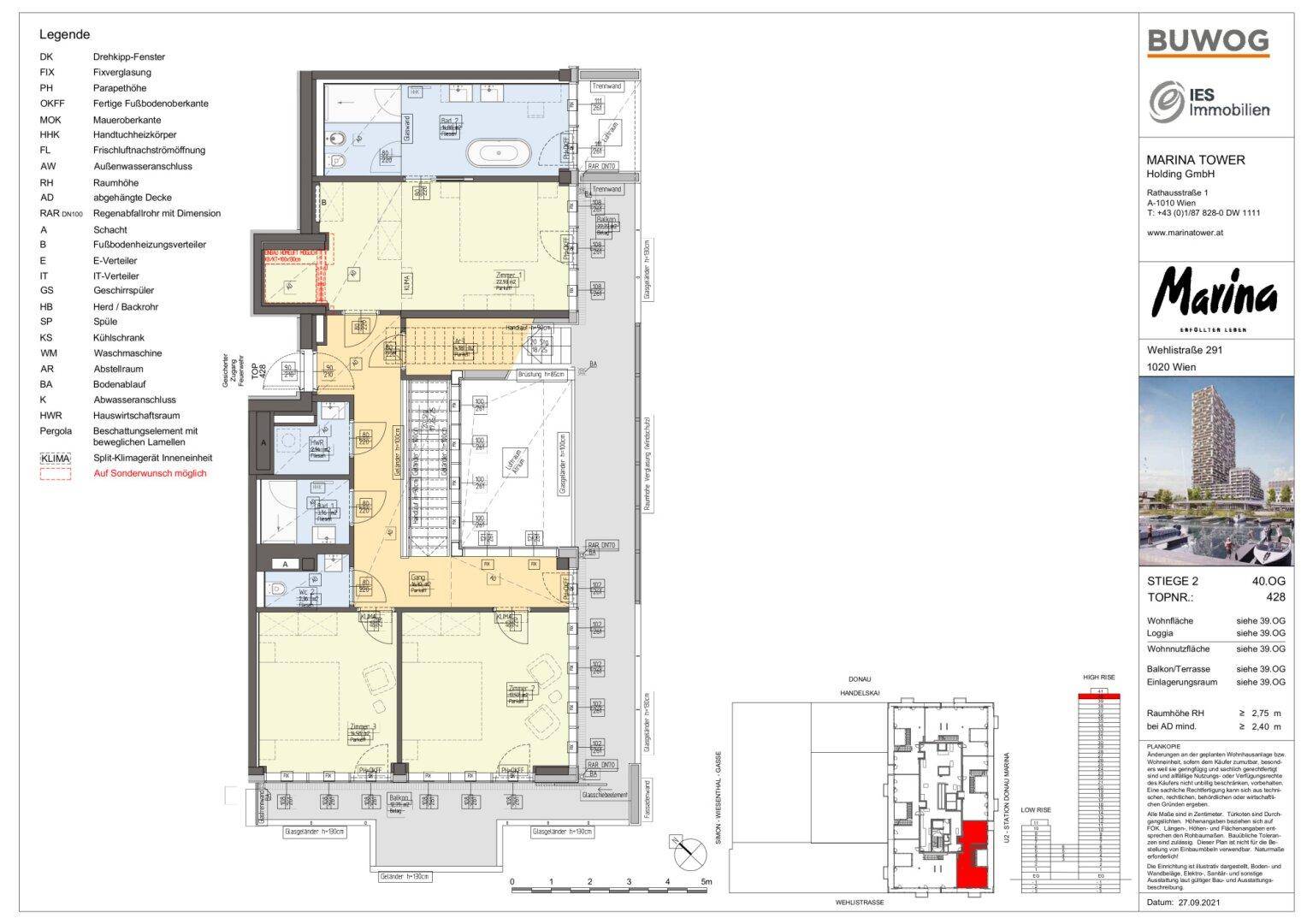Detaillierter Grundriss mit drei Schlafzimmern, zwei Bädern und großem Wohnbereich mit Balkonzugang.