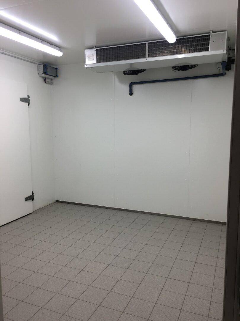 Großer, leerer Lagerraum mit Fliesenboden und Deckenkühlung, ideal für die Lagerung von Lebensmitteln.