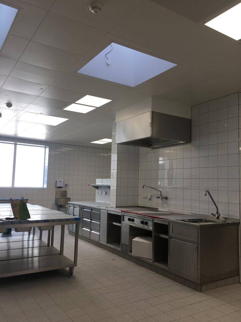 Industrielle Küche mit Edelstahlmöbeln, Kochfeld, Spüle und großen Fenstern für natürliches Licht.