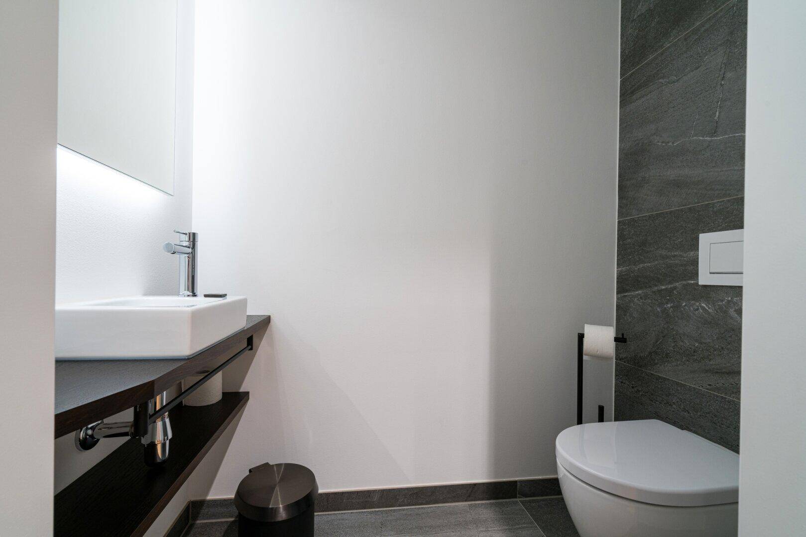 Modernes Gäste-WC mit wandhängender Toilette und stilvollem Waschtisch.