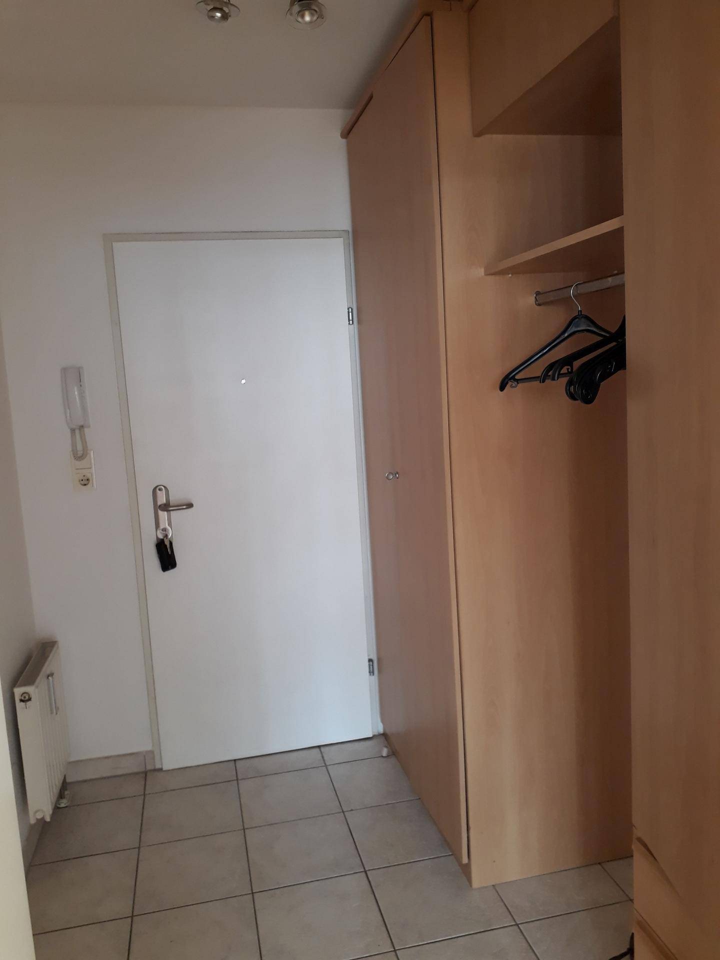 Eingangsbereich mit Fliesenboden, integriertem Garderobenschrank und Heizkörper.