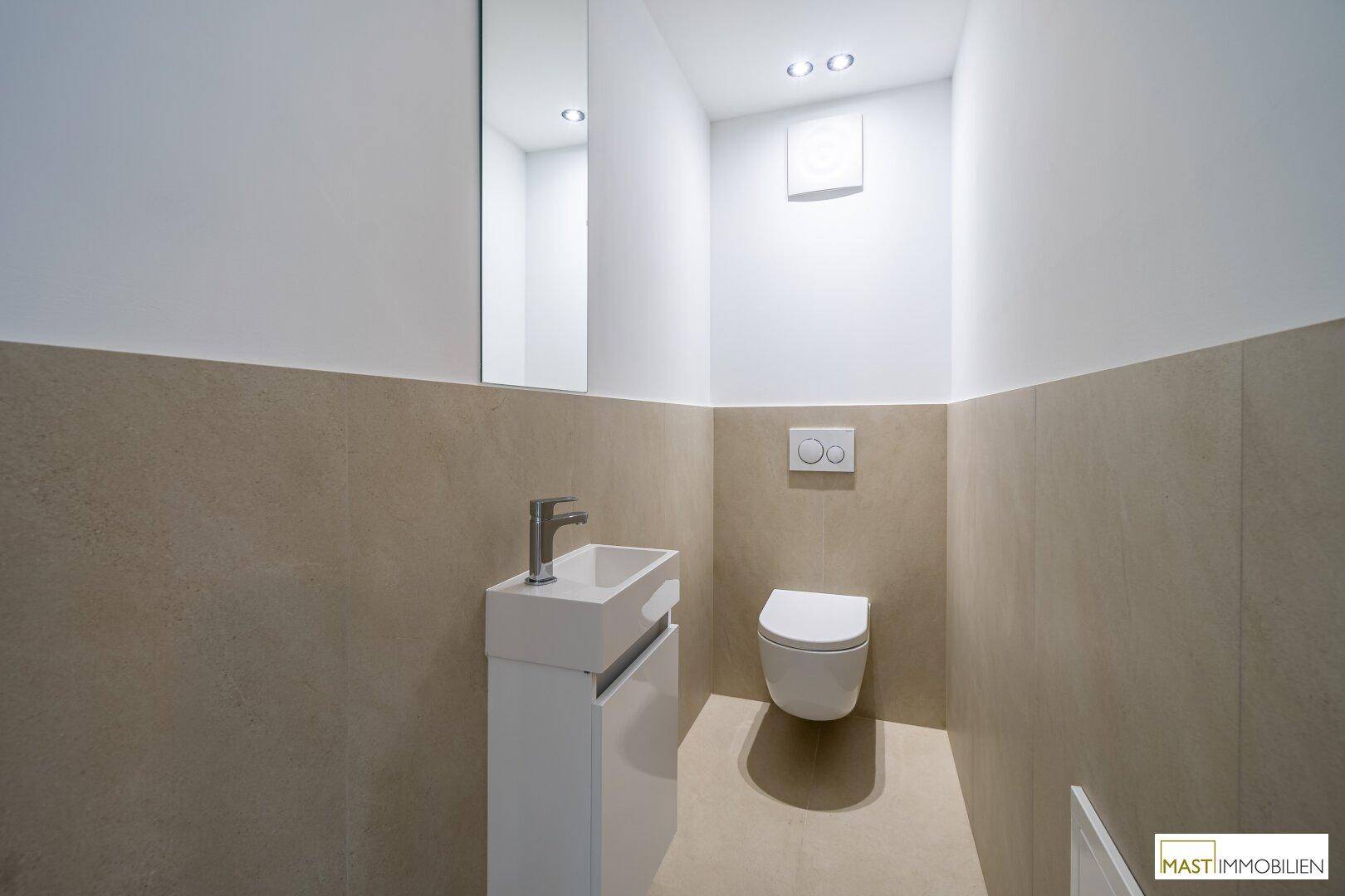 Modernes Gäste-WC mit wandhängender Toilette, kleinem Waschbecken und Spiegel.
