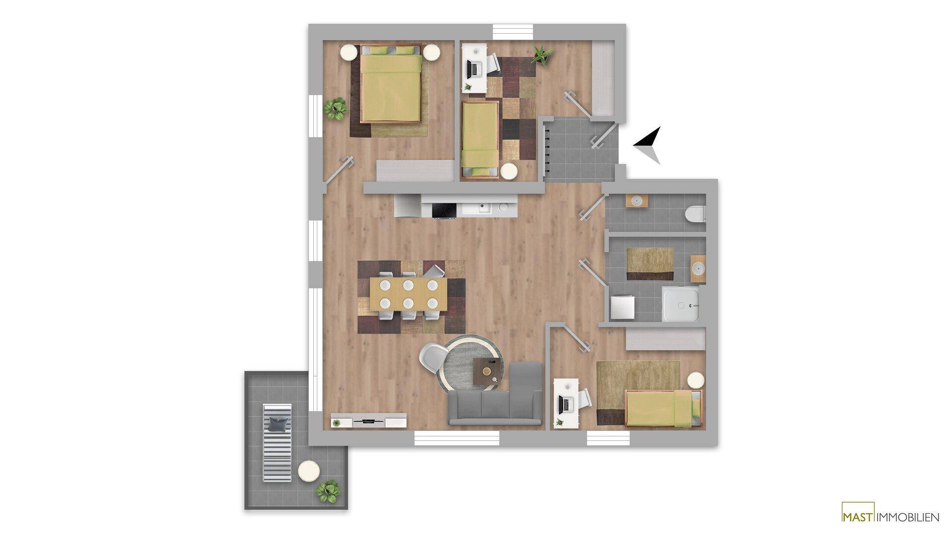 Detaillierter Grundriss der Wohnung mit drei Schlafzimmern und offenem Wohnbereich.