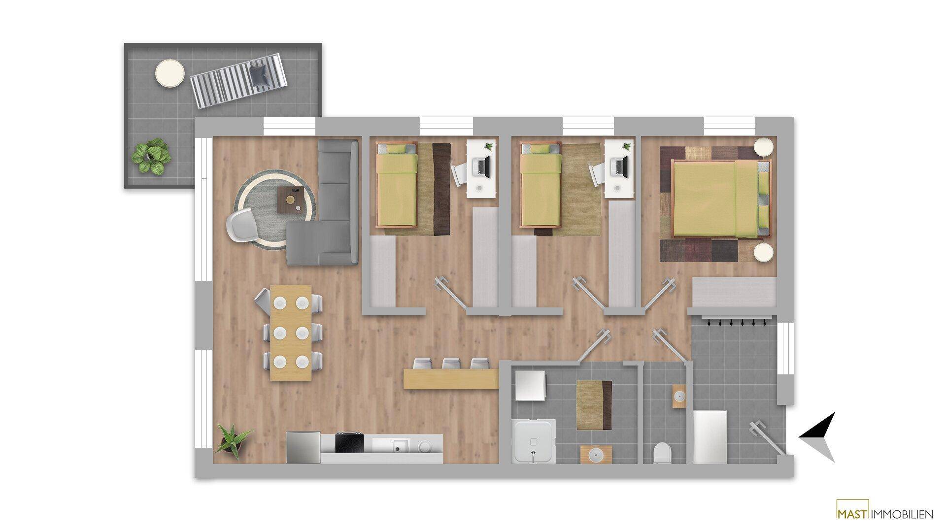 Detaillierter Grundriss einer Wohnung mit drei Schlafzimmern, offenem Wohnbereich und Balkon.
