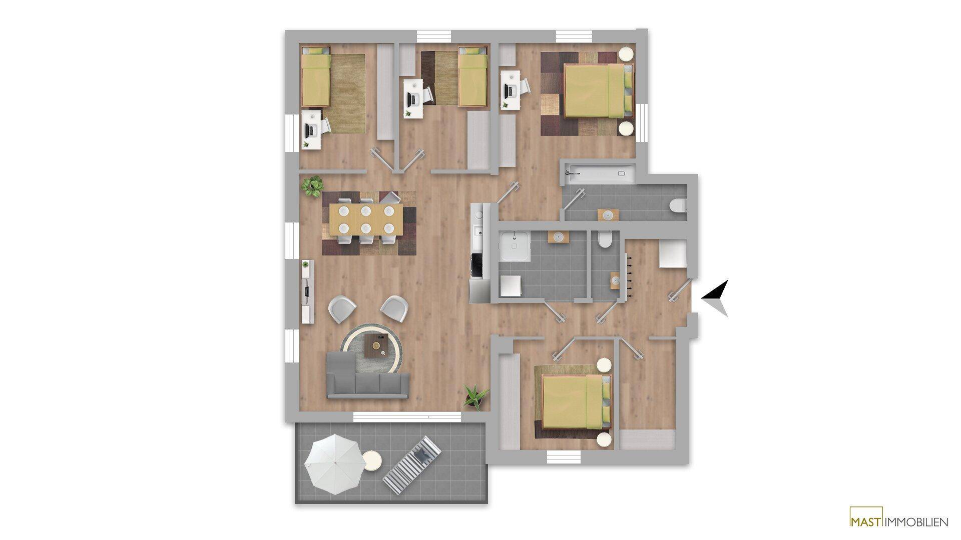 Detaillierter Grundriss einer Wohnung mit mehreren Zimmern, Balkon und offener Raumaufteilung.